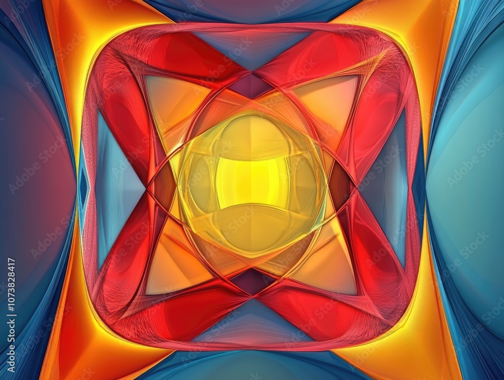 Poster abstract colored square graphic with intricate patterns featuring computer generated curly symmetric