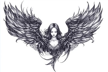 Angel tattoo with soft shading and an elegant expression