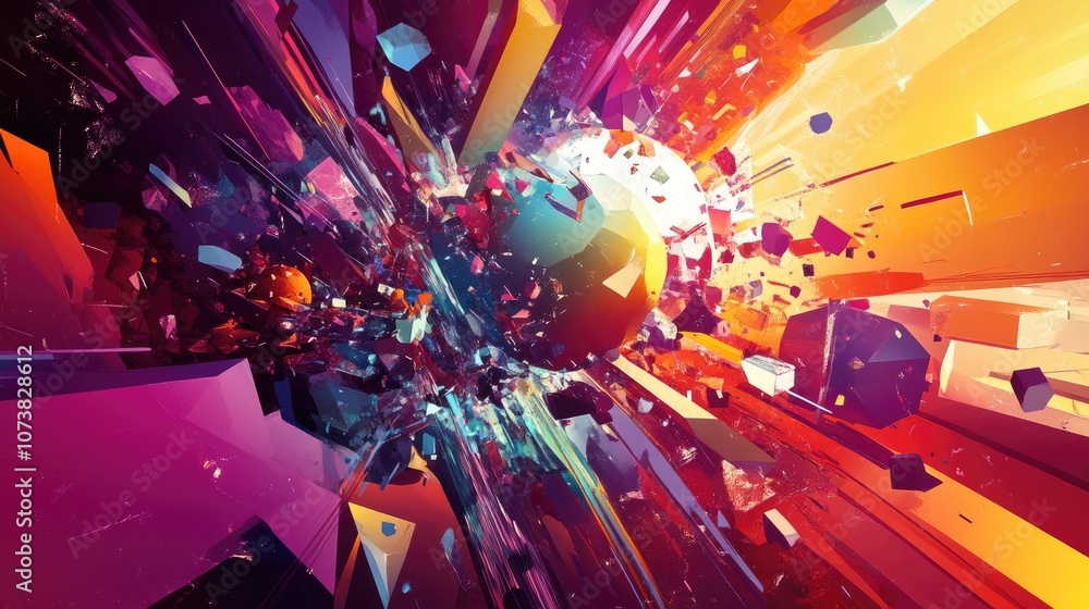 Poster abstract illustration featuring vibrant virtual objects arranged chaotically and prominently