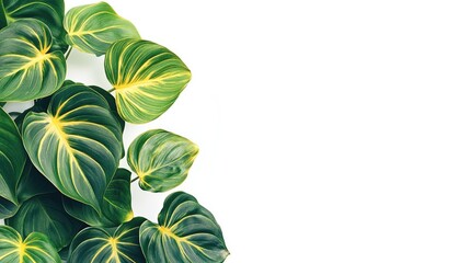 Tropical Philodendron Hederaceum Scandens creeper plant featuring yellow striped leaves isolated against a white background