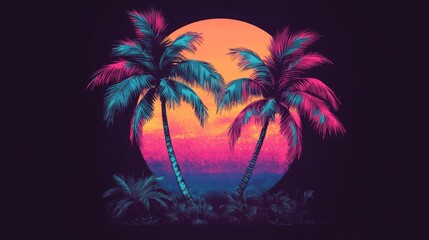 Obraz premium Tropical sunset featuring palm trees Vivid synthwave inspired T shirt design on a solid black backdrop