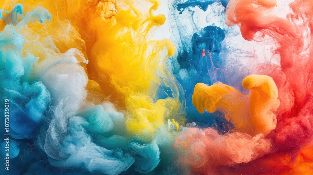 Poster vibrant paint cloud with splashes of liquid and ink creating an abstract composition of colorful hue