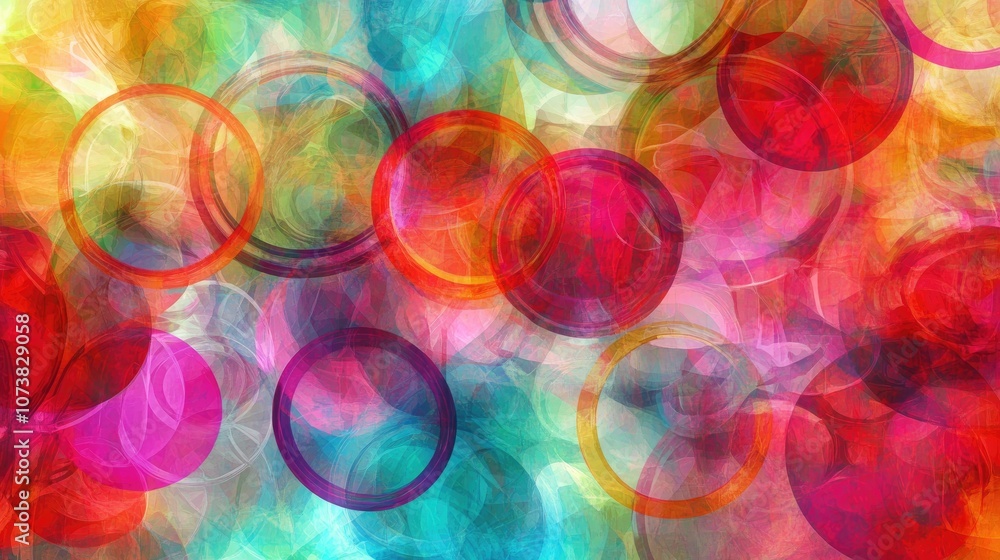 Poster abstract digitally created chaotic background featuring a vibrant array of circles and curved lines 