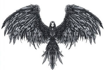 Detailed angel tattoo with a gentle expression and classic shapes