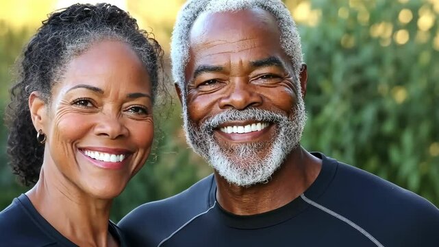 A smiling older couple stands together outdoors