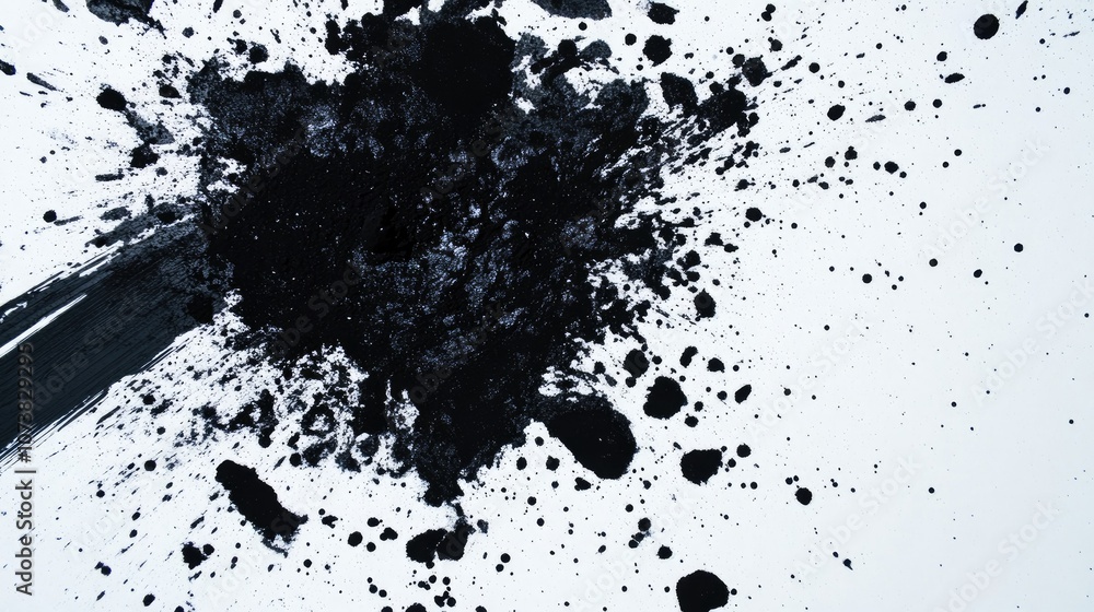 Poster abstract black powder and blobs scattered on a white background capturing the dynamic motion of powd