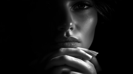 Obraz premium Woman in deep contemplation with hands clasped in low light