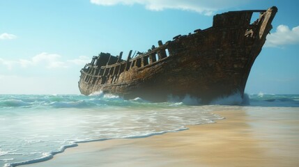 Naklejka premium Echoes of the Past: Weathered Shipwreck on a Deserted Beach, Symbol of Adventure and Loss