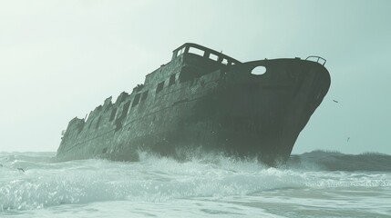 Echoes of the Past: Weathered Shipwreck on Deserted Beach under Crashing Waves - Ultra-Detailed Photo Capturing Adventure and Loss