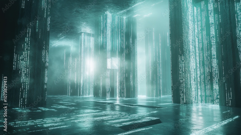 Poster surreal data lake featuring luminous code streams and advanced architectural designs