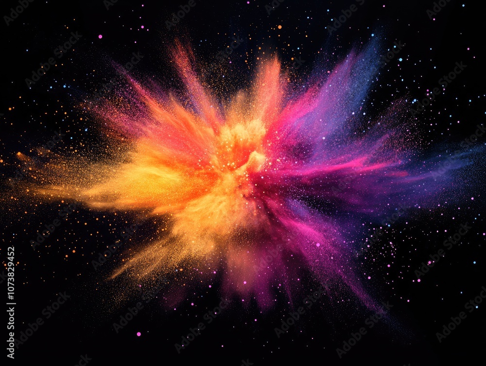 Poster abstract pulsating glow element from particles and dots with an explosion of vibrant colors forming 