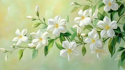 Obraz premium Vibrant fresh white jasmine blooms with lush green foliage form a striking border against a soft pastel green background