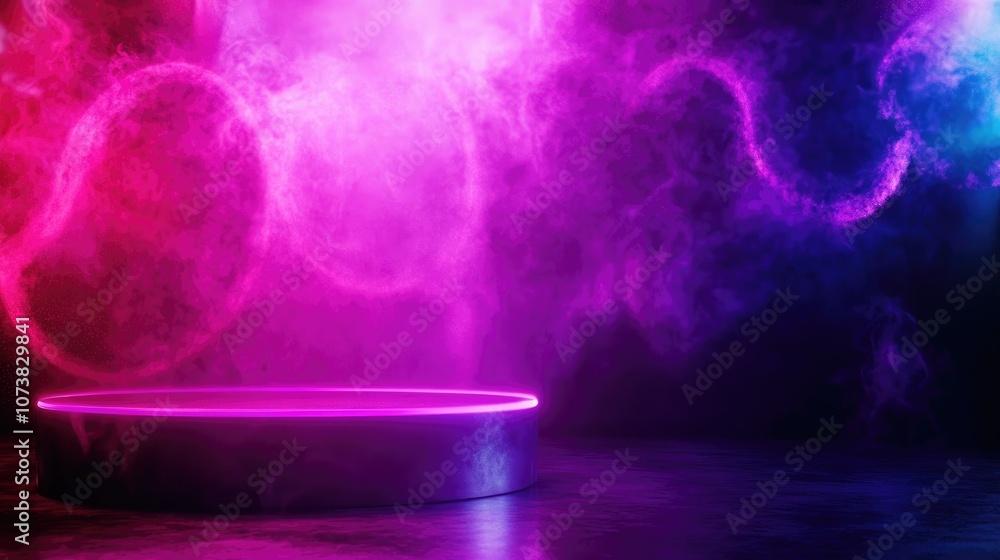 Poster surreal abstract scene featuring an empty stage with a cylindrical podium and circular shapes agains