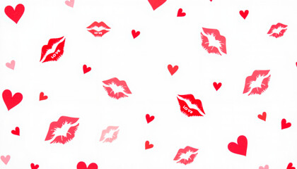 Love and kisses background, red lipstick kiss marks and hearts scattered on white, flirty and fun for St. Valentine's Day
