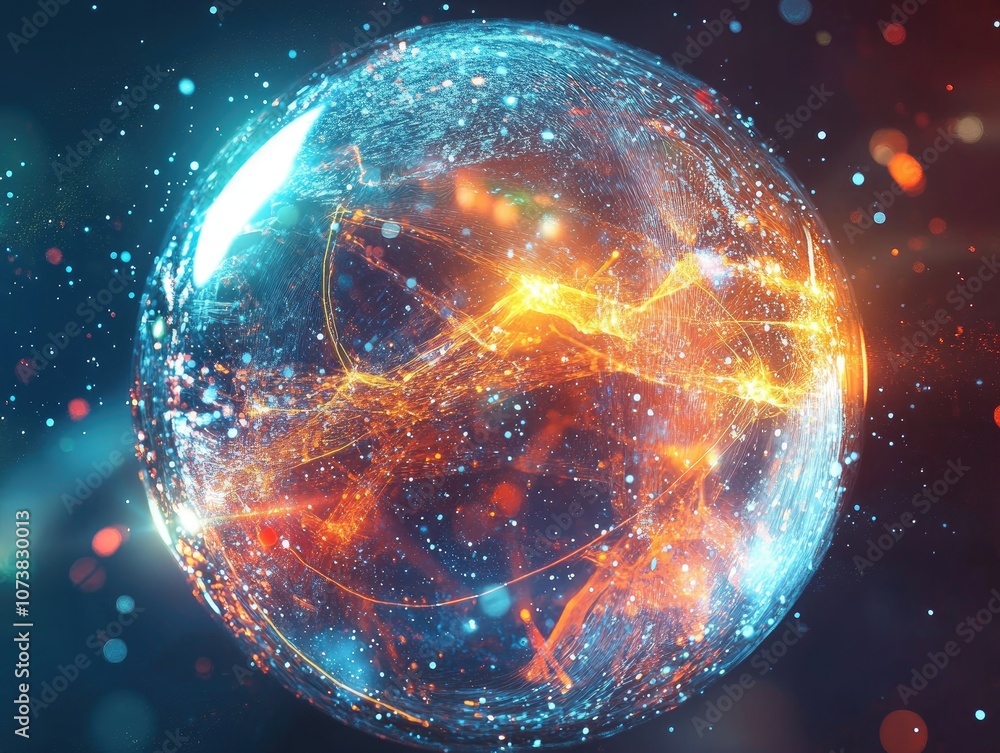 Poster futuristic abstract energy sphere featuring luminous particles creating a vibrant and dynamic scient