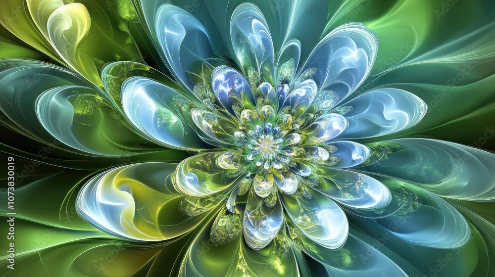 Poster fantasy abstract fractal flower design in green and blue tones created through computer generation