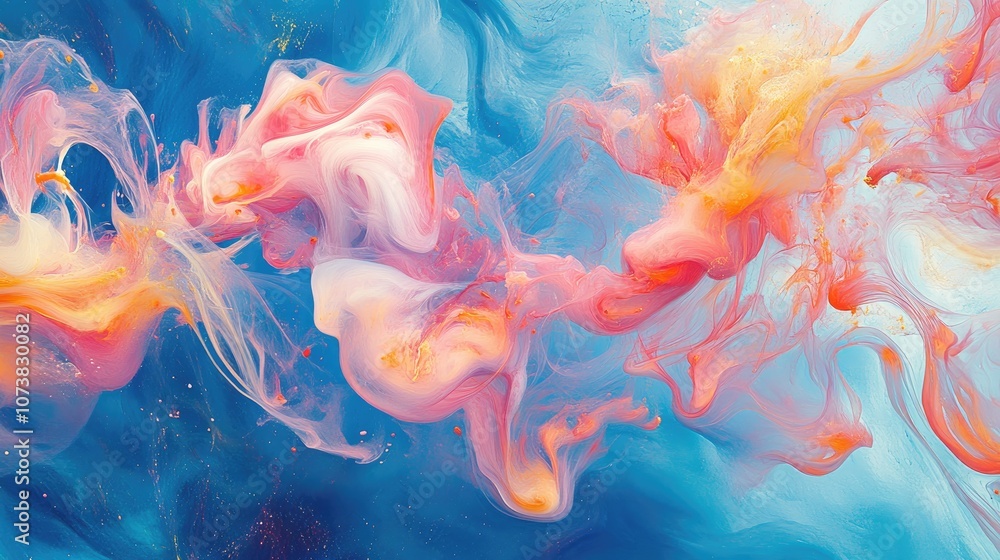 Poster swirls of pink smoke against a blue backdrop showcasing vibrant color blobs and resin elements with 