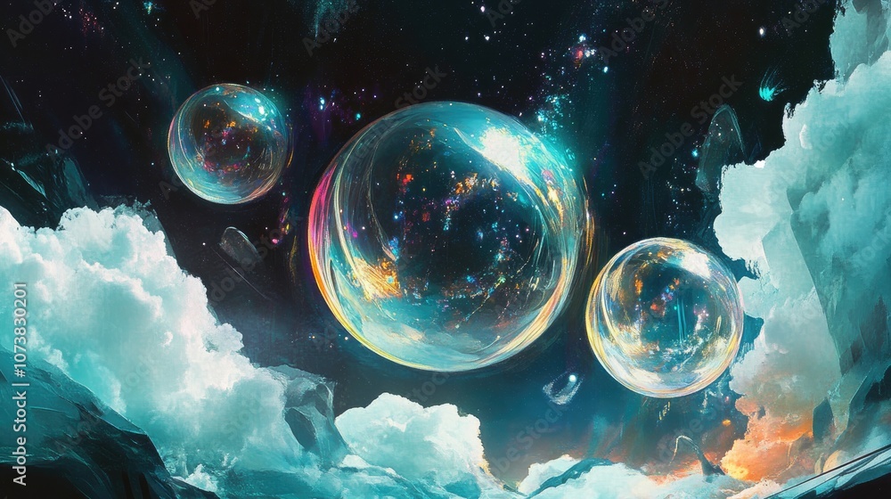 Poster abstract illustration of enigmatic bubbles in the night sky inviting viewers to delve into the realm