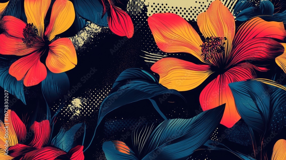 Poster abstract floral background with halftone lines and a dynamic geometric pattern featuring a modern 2d