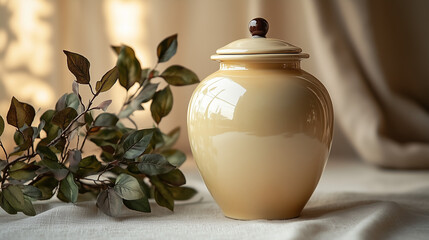 Green Foliage Funeral Urn Background with Subtle Leaves, Ashes urn