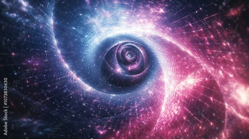 Poster an abstract fractal illustration featuring a swirling geometric pattern resembling a portal within a