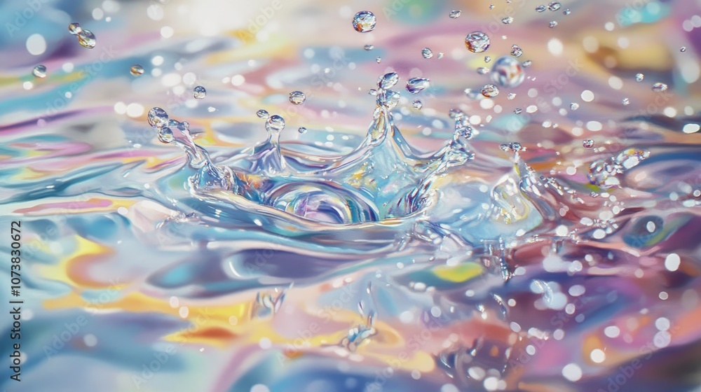 Poster vibrant droplets create splashes in a sparkling water surface reflecting light and forming a tranqui