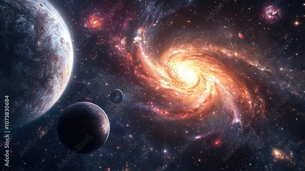 Poster abstract background design featuring forms and planets related to science capturing a vibrant explos