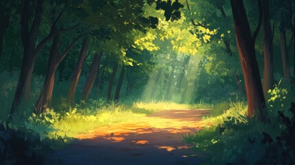 Naklejka premium Tranquil summer forest pathway bathed in sunlight bordered by tall trees with vibrant green leaves casting a warm golden glow on the ground