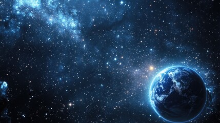 Obraz premium Stunning deep space scene featuring stars and a blue planet with city lights glowing at night offering a backdrop for design and text