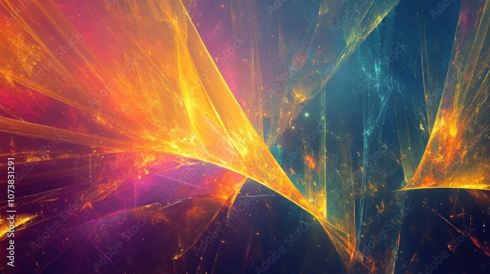 Poster abstract multicolored art background featuring golden light laser beams and glowing fractals ideal f