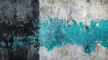 Turquoise and aquamarine hues blend with black and gray in a rustic abstract design featuring a textured concrete stone wall background for versatile banner use