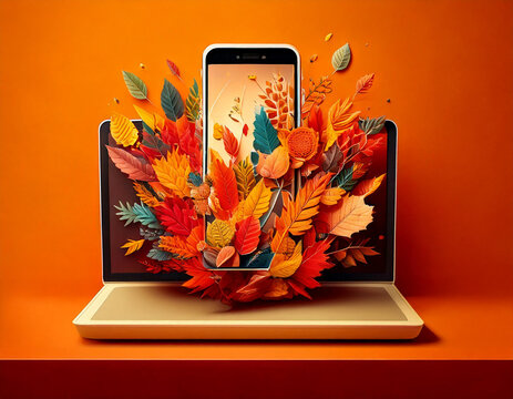 Esplosione d'autunno: Smartphone fuoriesce da un laptop con foglie autunnali