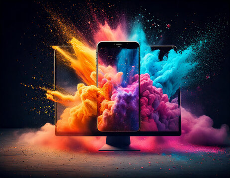 Esplosione di colori: Smartphone fuoriesce da un monitor con gioia e potenza