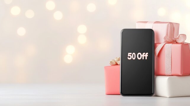 A close-up of a smartphone screen with a "50 off" notification popping up - Powered by Adobe