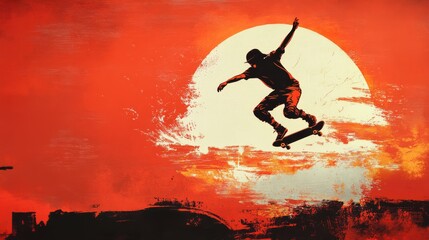 Naklejka premium Silhouette of a skateboarder performing a trick against a red sky sunset.