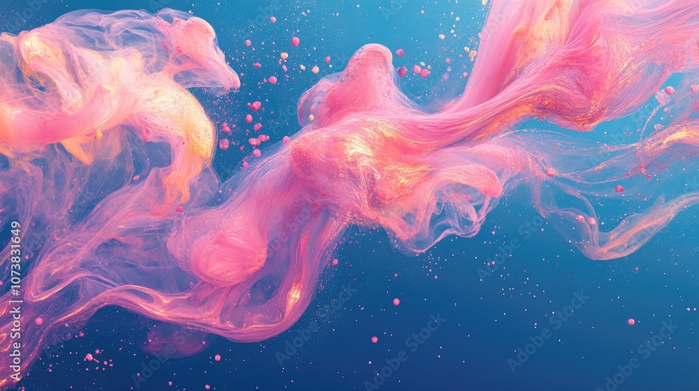 Poster swirls of pink smoke against a blue backdrop showcasing vibrant color blobs and resin elements with 