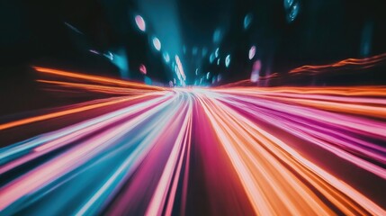 Vibrant light trails showcasing motion blur An illustration depicting high speed light effects against a dark backdrop