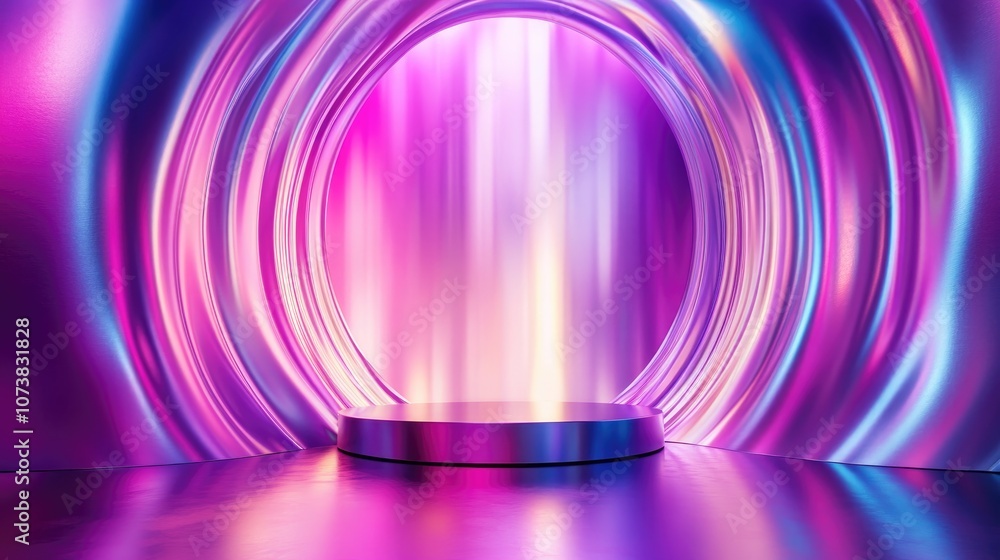 Poster surreal abstract scene featuring an empty stage with a cylindrical podium and circular shapes agains