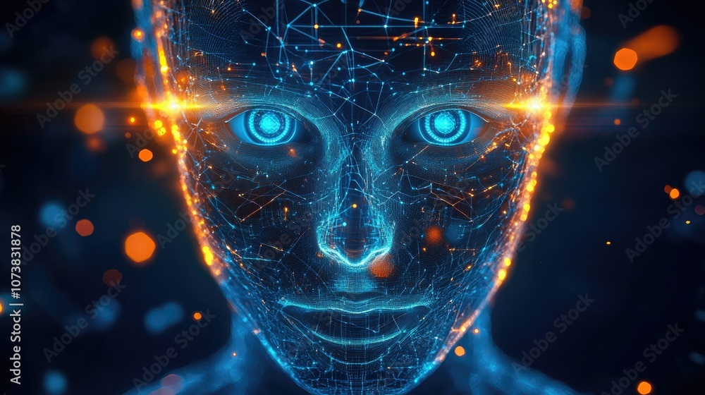 Poster vibrant close up of a robot s face illuminated by digital lights and effects symbolizing ai and adva