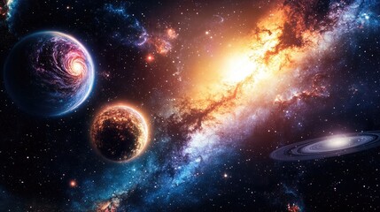 Stunning illustration of vibrant galaxies and celestial bodies within the expansive universe highlighting spectacular stars and cosmic formations