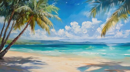 Tranquil beach landscape featuring palm trees soft sand and turquoise waters the perfect representation of a tropical escape