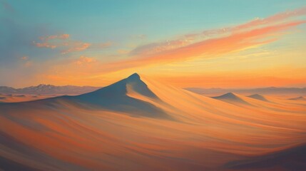 Naklejka premium Stunning sandy dunes extend into the distance illuminated gently by the warm glow of a setting sun over the expansive desert landscape