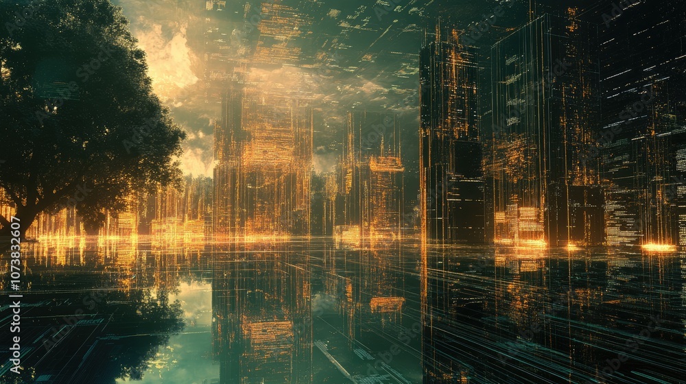 Aufkleber surreal data lake featuring luminous code streams and advanced architectural designs