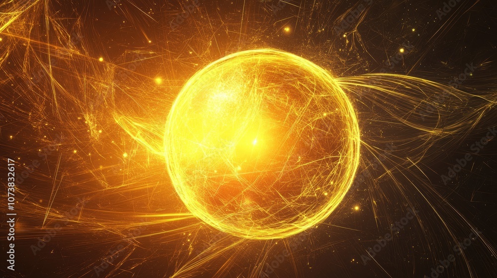 Poster abstract glowing looped light featuring a hi tech yellow sphere representing energy with an intricat