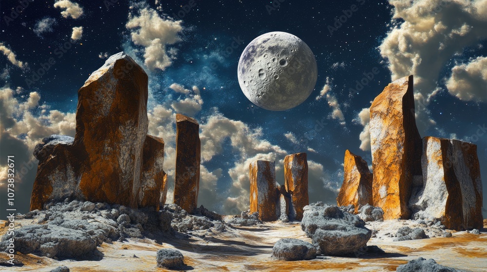Poster surreal planetary scene computer generated 3d artwork featuring unique rocks and a moon
