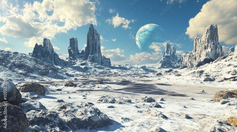 Poster alien planet landscape created with 3d rendering techniques