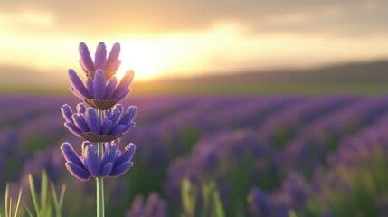 Fototapeta premium A close-up of lavender flowers against a serene sunset, showcasing the rich purple hues and soft bokeh background.