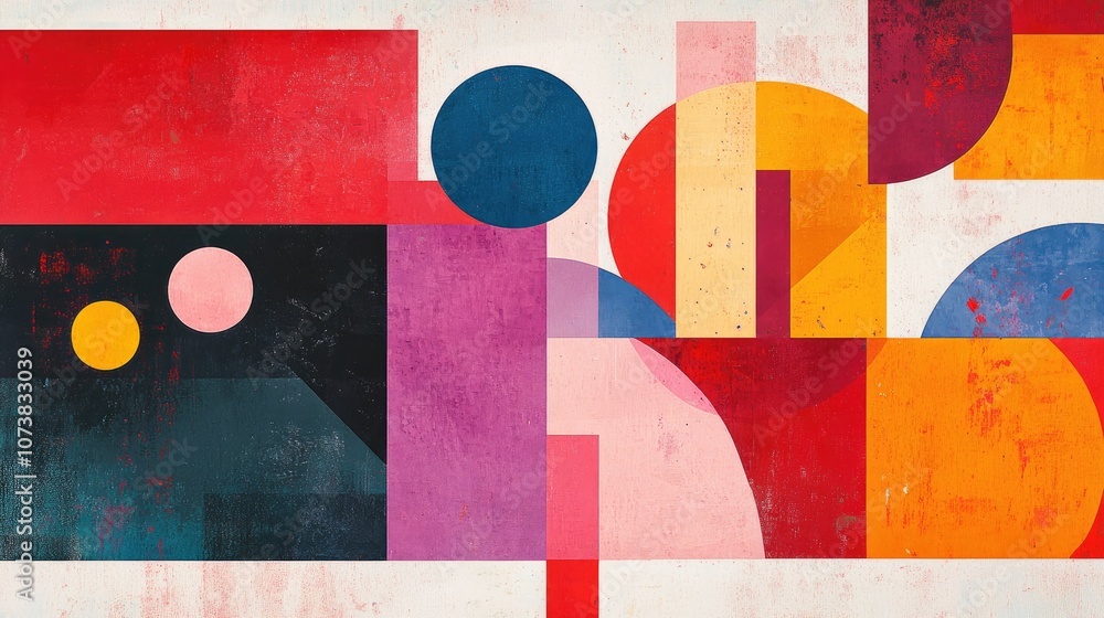 Poster abstract colorful painting featuring various geometric shapes in a minimal flat style suitable for d