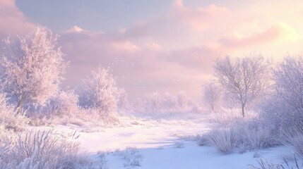 Serene winter landscape with frosty trees and soft pastel sky