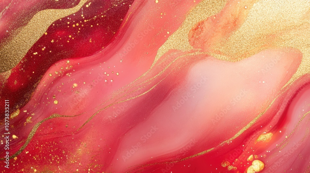 Poster abstract background featuring a blurred movement of red and gold liquids creating a luxurious textur